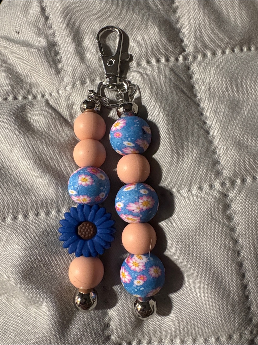 Floral Blue & Peach Beaded Keychain Charm or purse charm